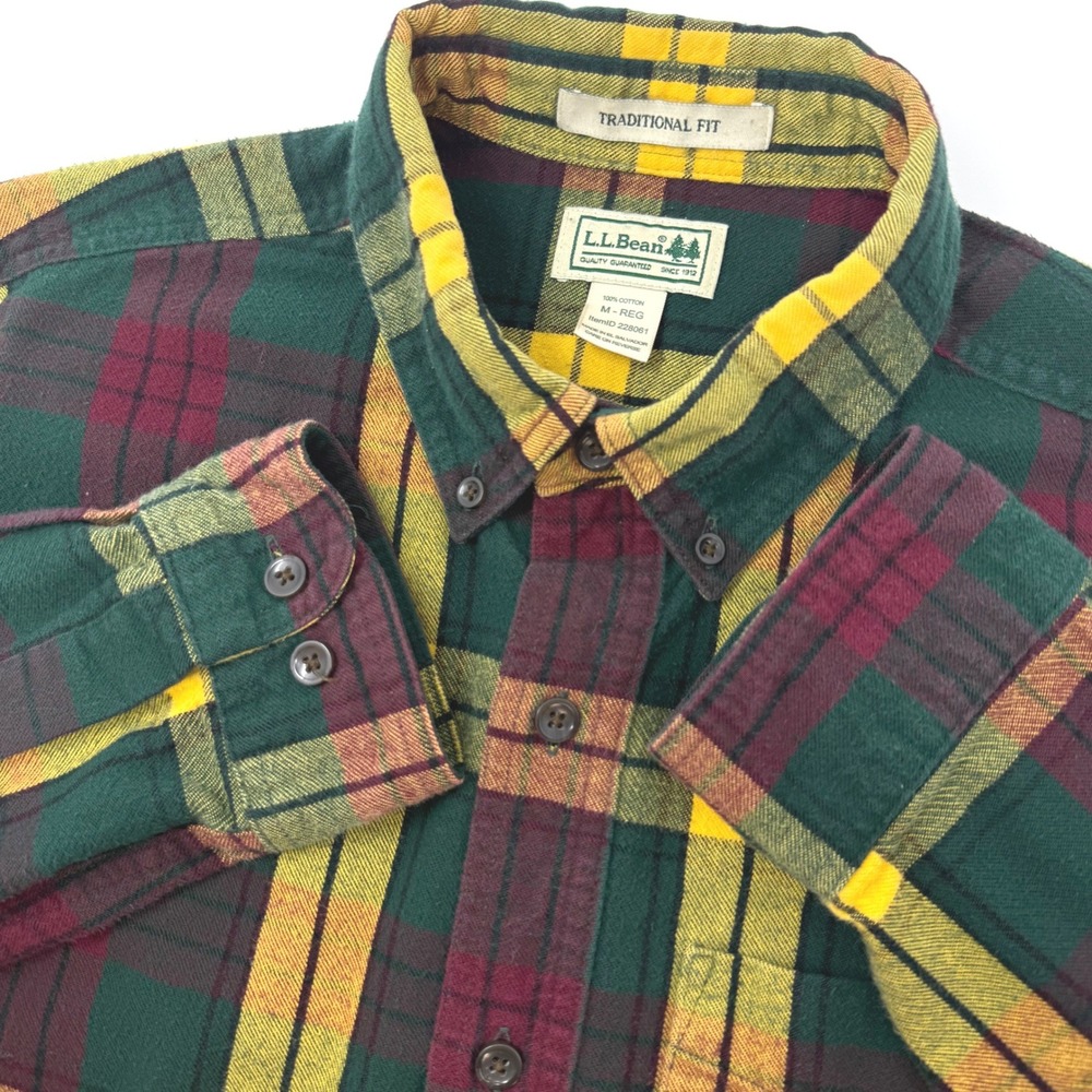LL Bean Mens Medium Regular Flannel Shirt Traditional Fit Green Plaid Cotton